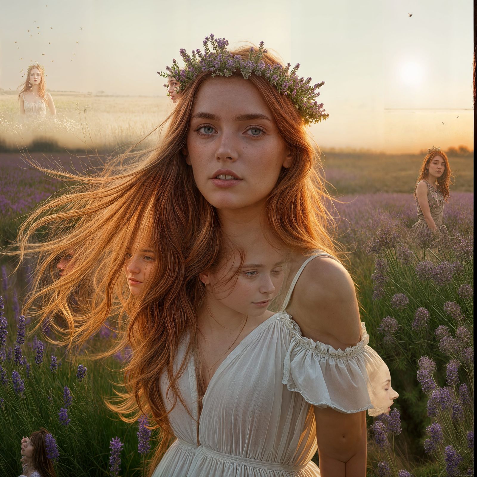 Auburn-Haired Woman in Meadow, Hyperrealistic Portrait