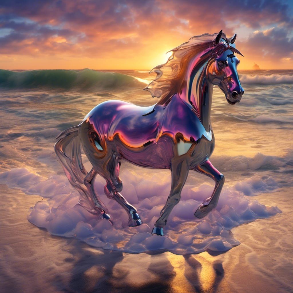 Crystal Horse with Ocean Waves at Sunset