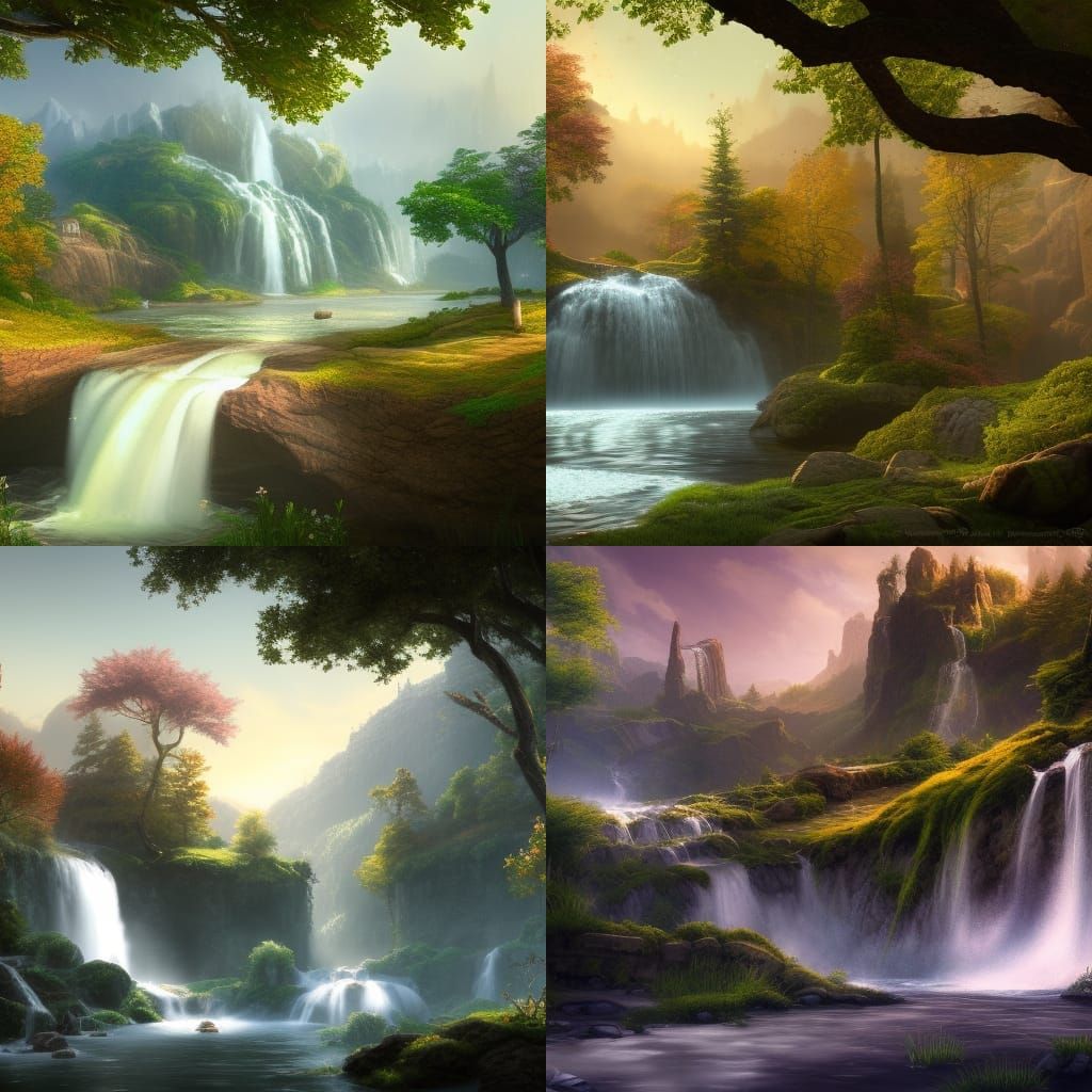 Springtime Waterfalls in Countryside: Fantasy Concept Art