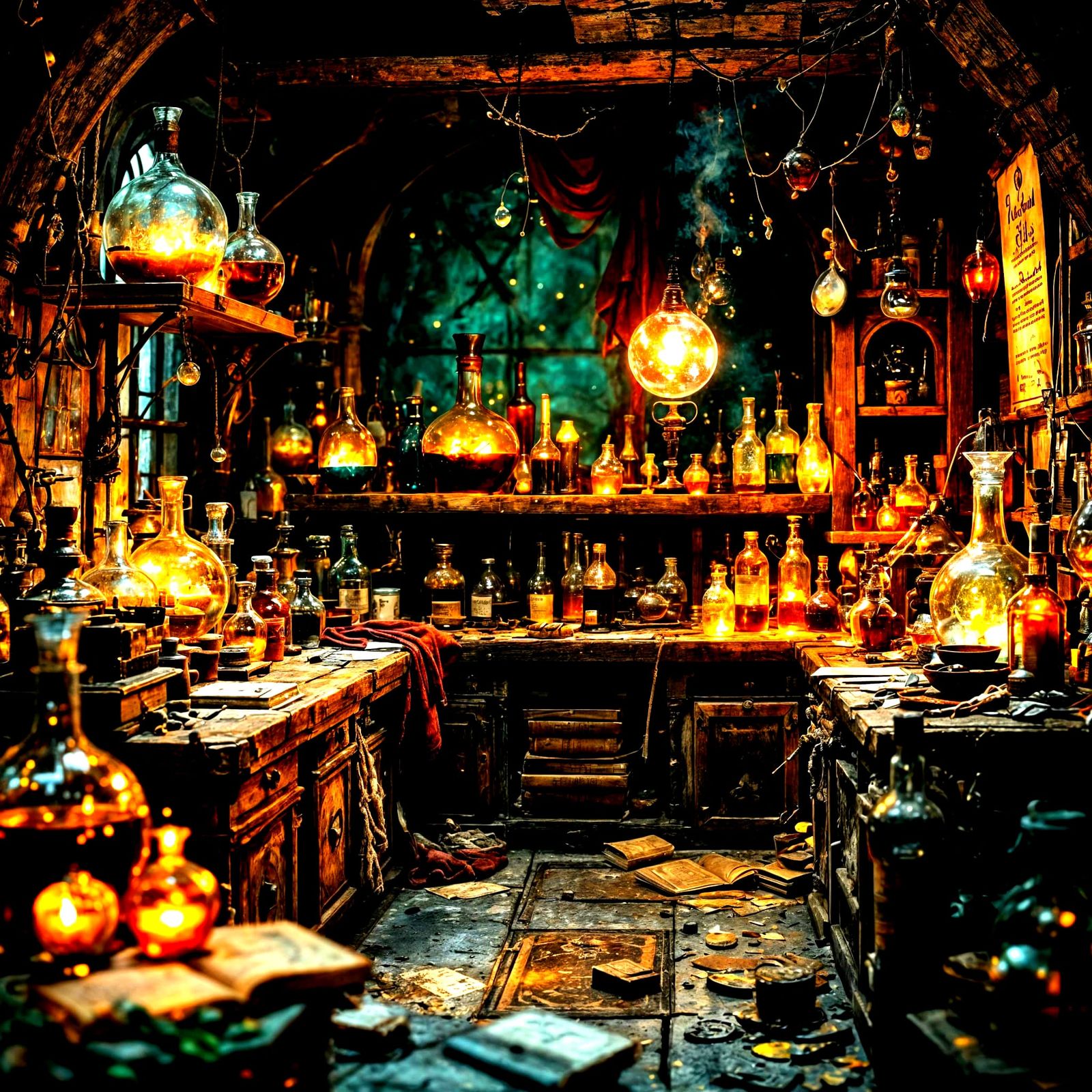 Abandoned Alchemist Lab Miniature: Glowing Orb & Spell Books