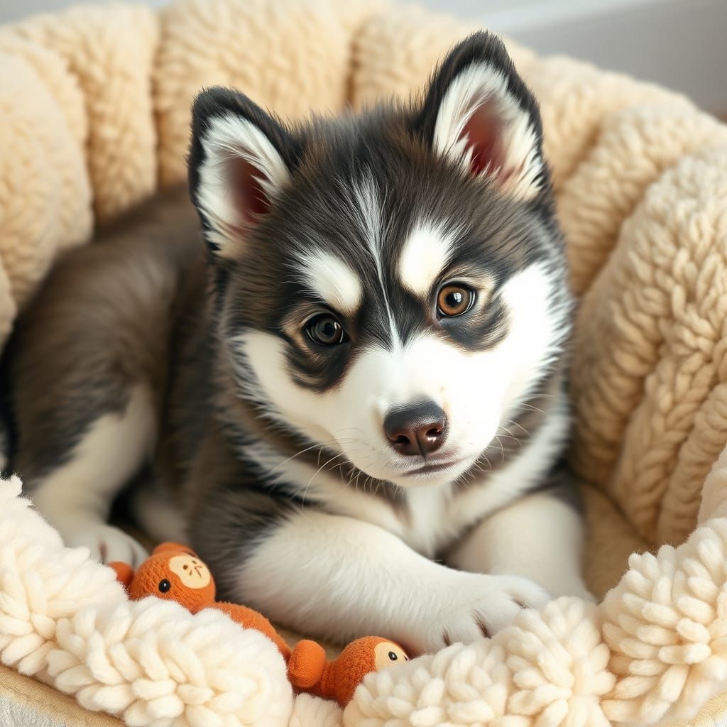 Husky Puppy Snuggles in Cozy Dog Bed