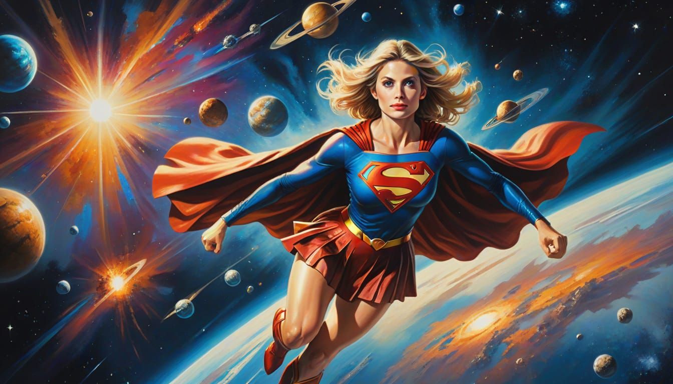 Supergirl Flies Through Space in Oil Painting Style