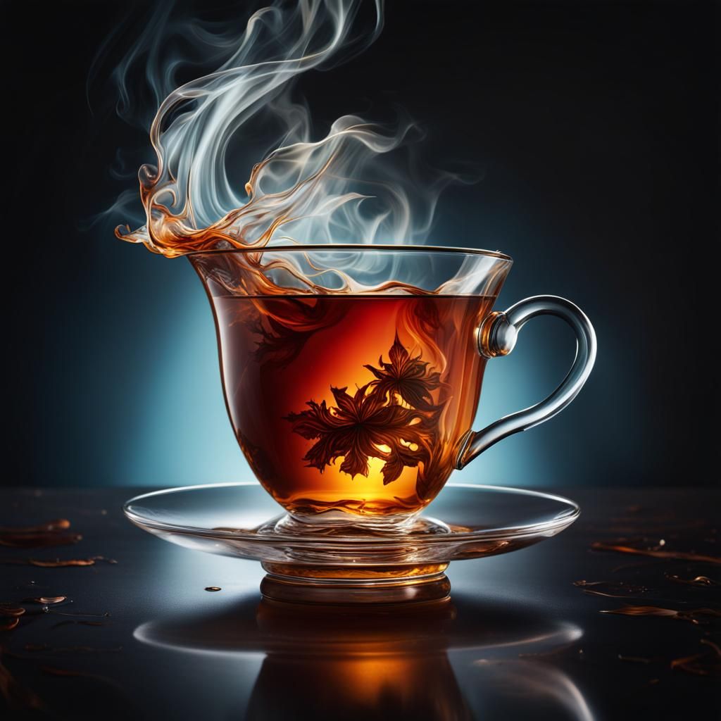 Smoky Black Tea in Glass Cup: Hyperrealistic Splash Art