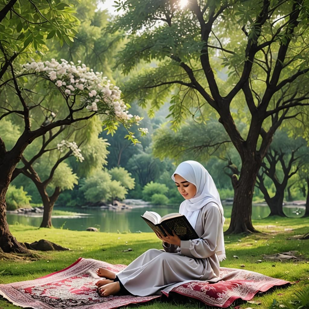 Girl Reading Quran in Nature's Beauty