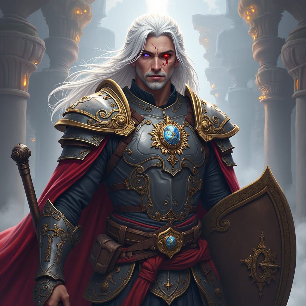 Chiseled Aasimar Warrior in Ornate Plate Armor, Dichromatic...