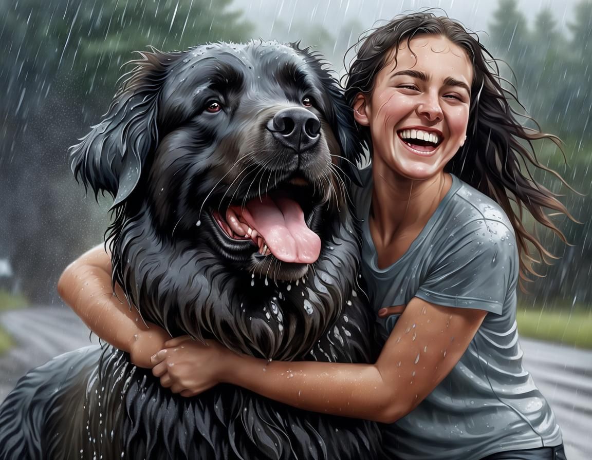 Woman and Newfoundland Dog Play in Rain