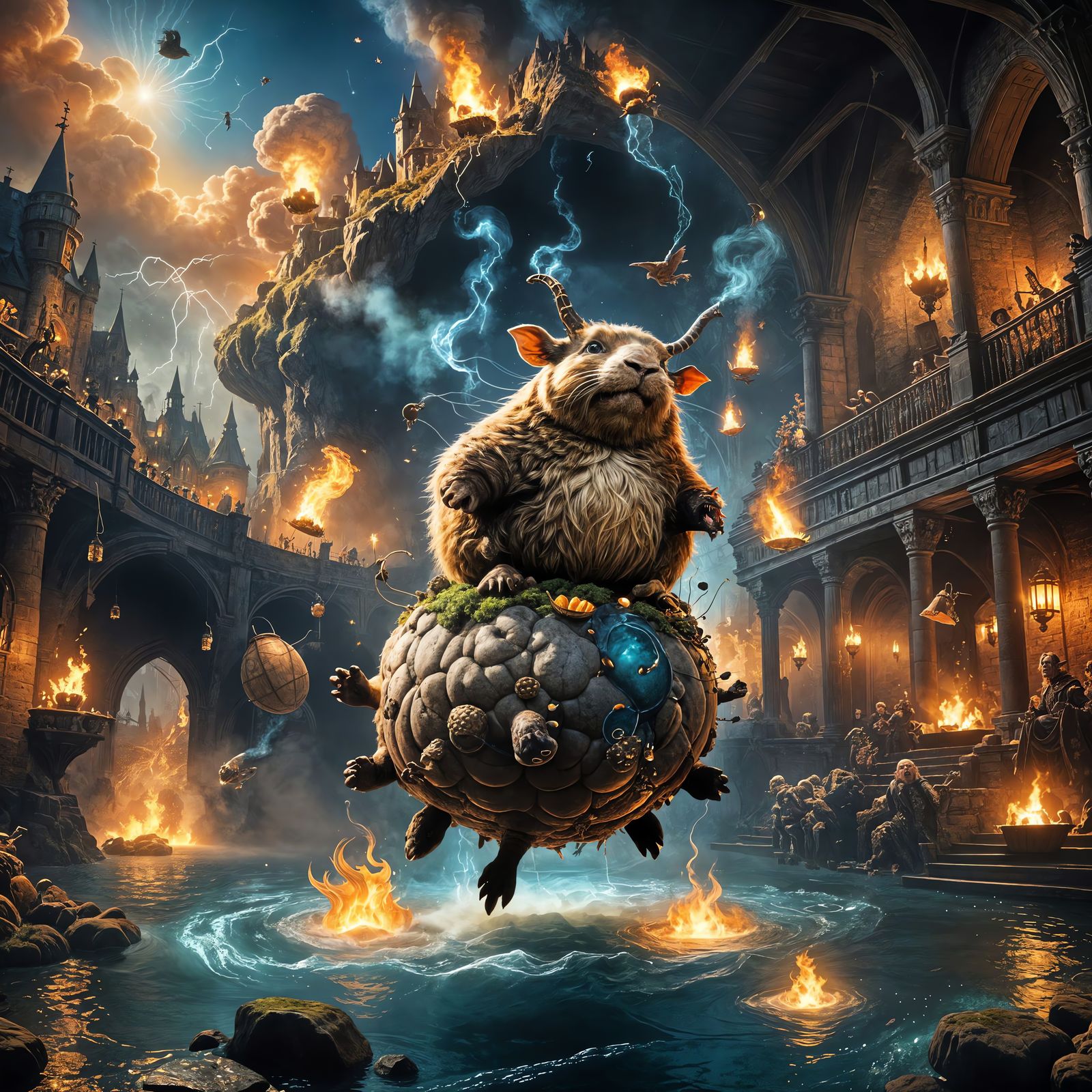 Fantastical Great Hall with Floating Creature, Digital Art