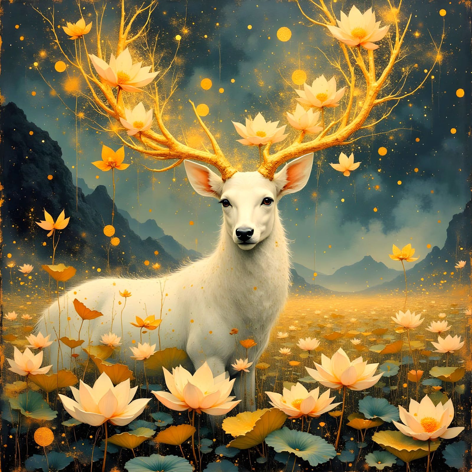 Ethereal Lotus Fields in a Surreal, Dreamlike Landscape