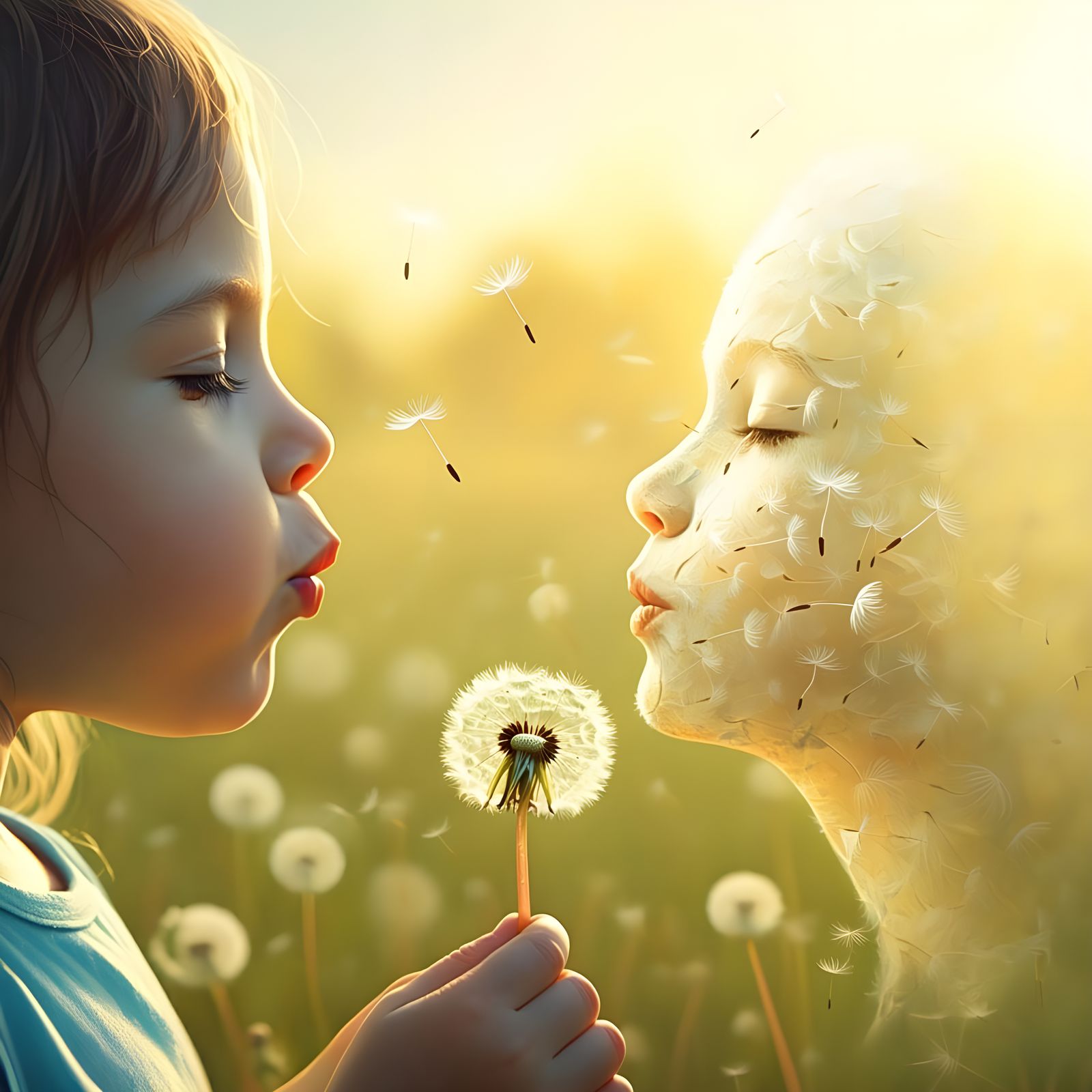 Dandelion Seed Face in Sunny Meadow