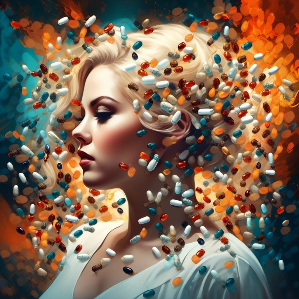 Pills Form Woman Silhouette in Watercolor Style