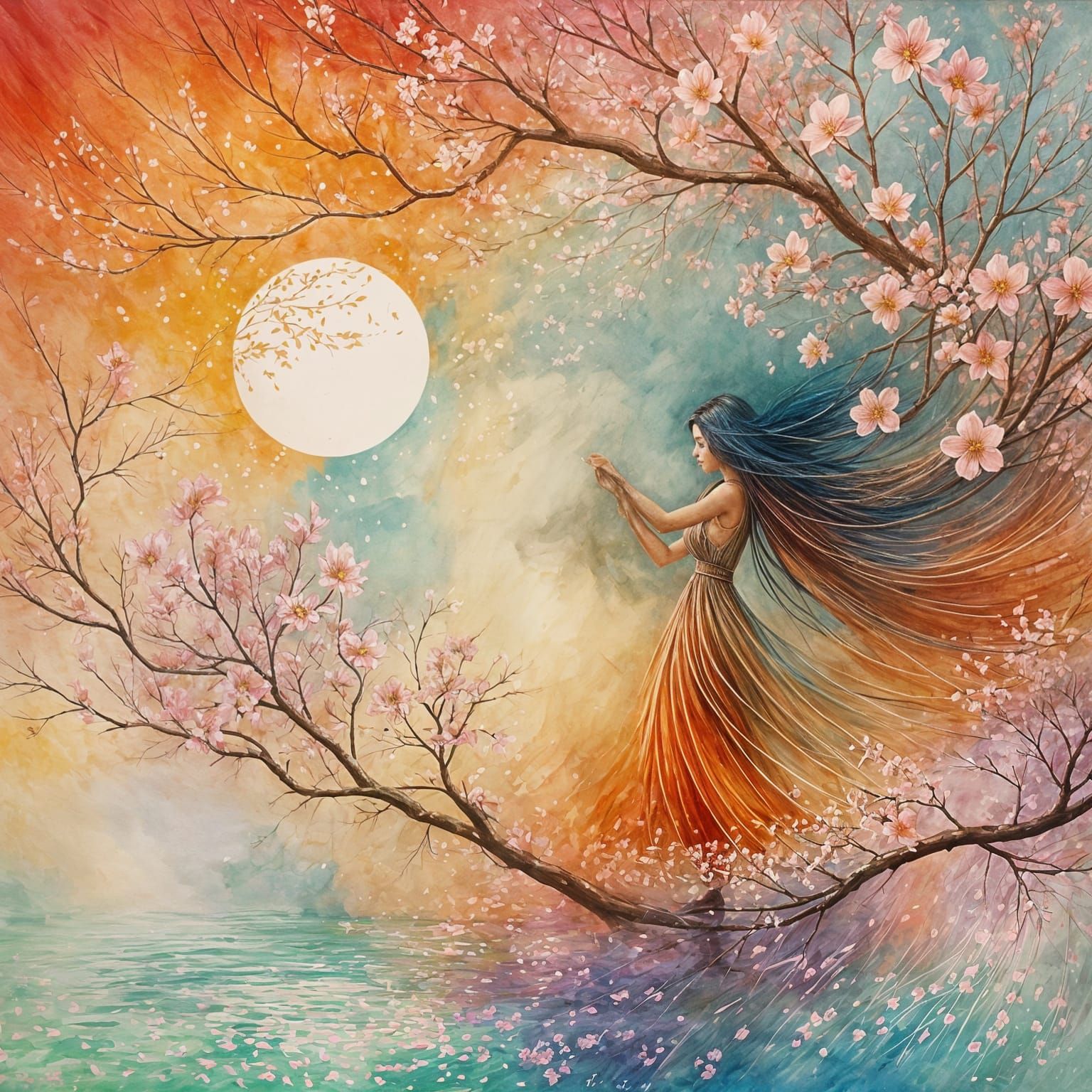 Dreamlike Landscape with Blooming Woman in Ethereal Blue Hue...