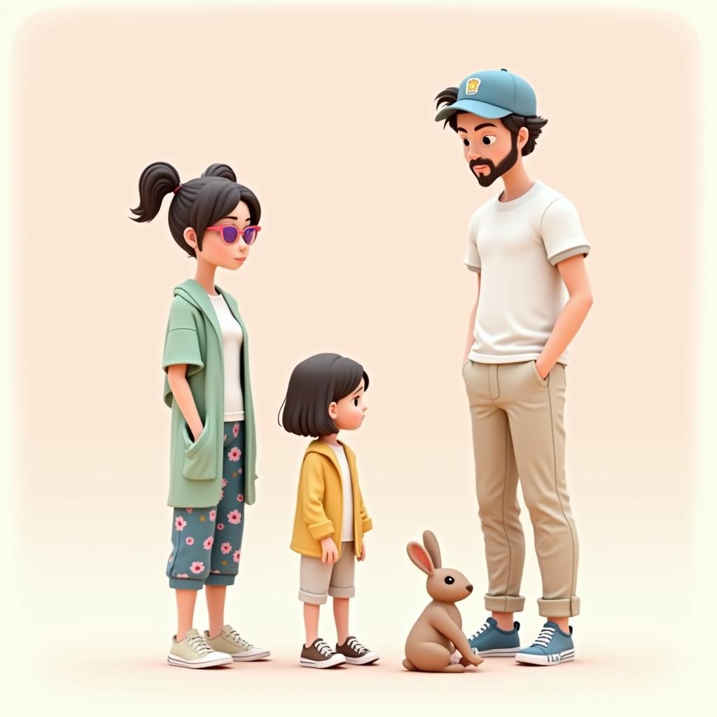 Family Portrait with Rabbit in Kawaii Art Style