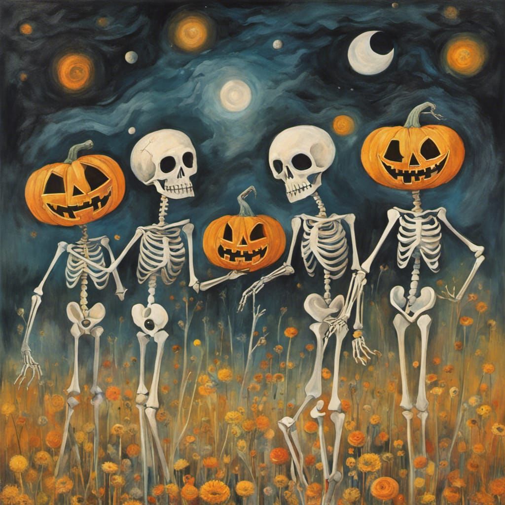 Spooky jack o lantern headed  skeleton men, in a Million Dandelion dreamscape, Salvador Dali collaboration Paul Klee and...