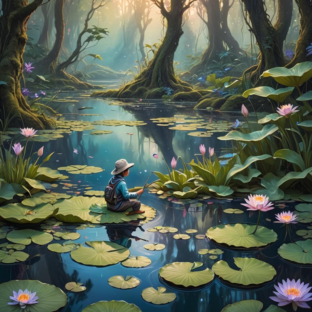 Miniature Fisherman in Mystical Forest, Fantasy Art
