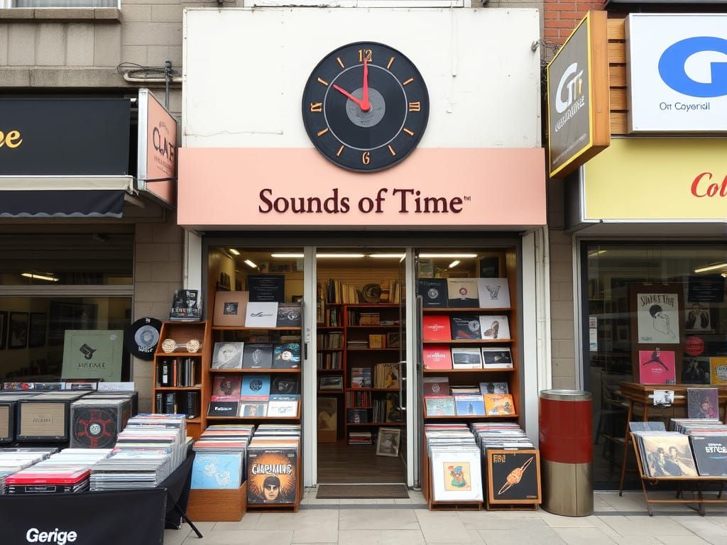 Vintage Music Store with Clock Vinyl Logo