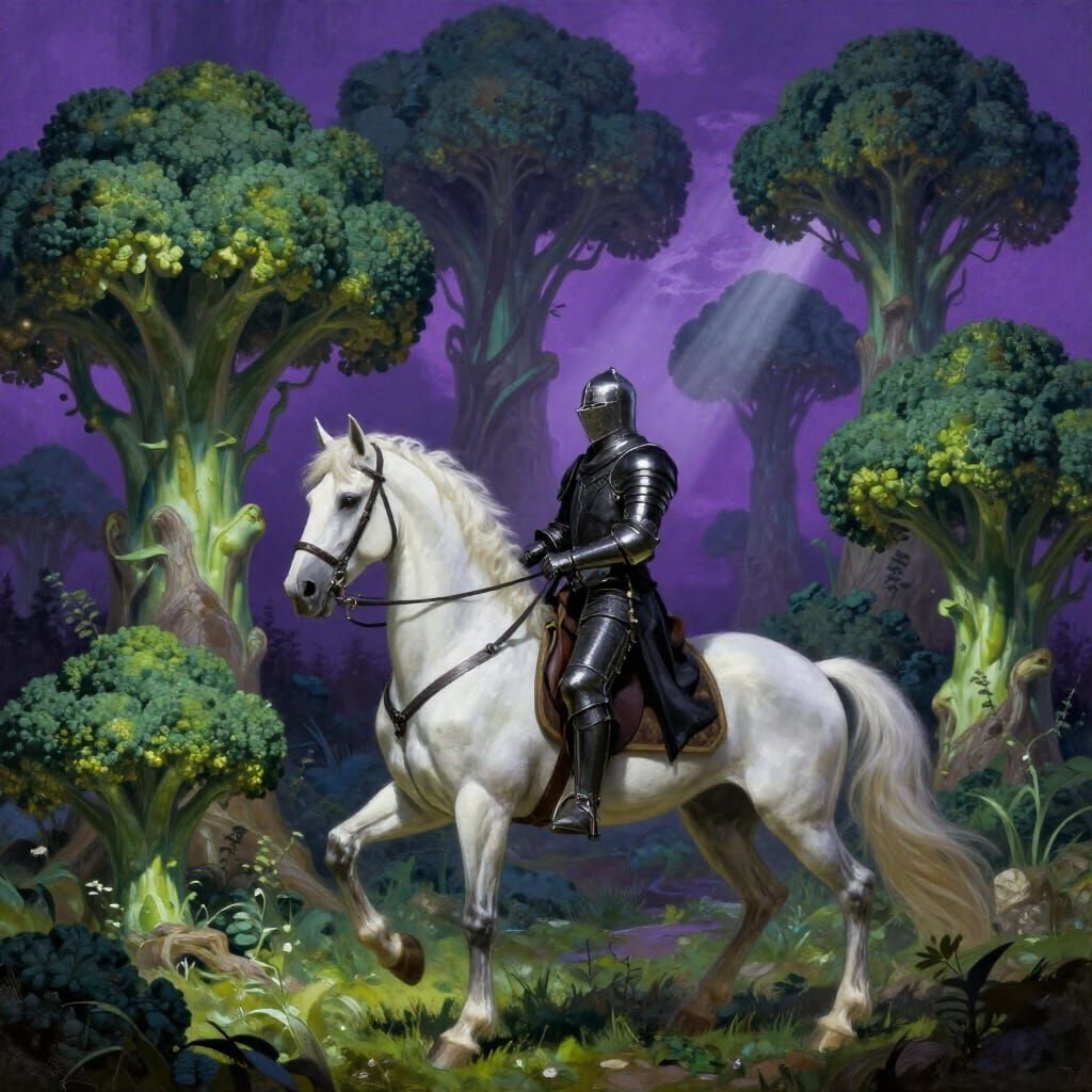 Knight Rides Through Broccoli Forest Twilight