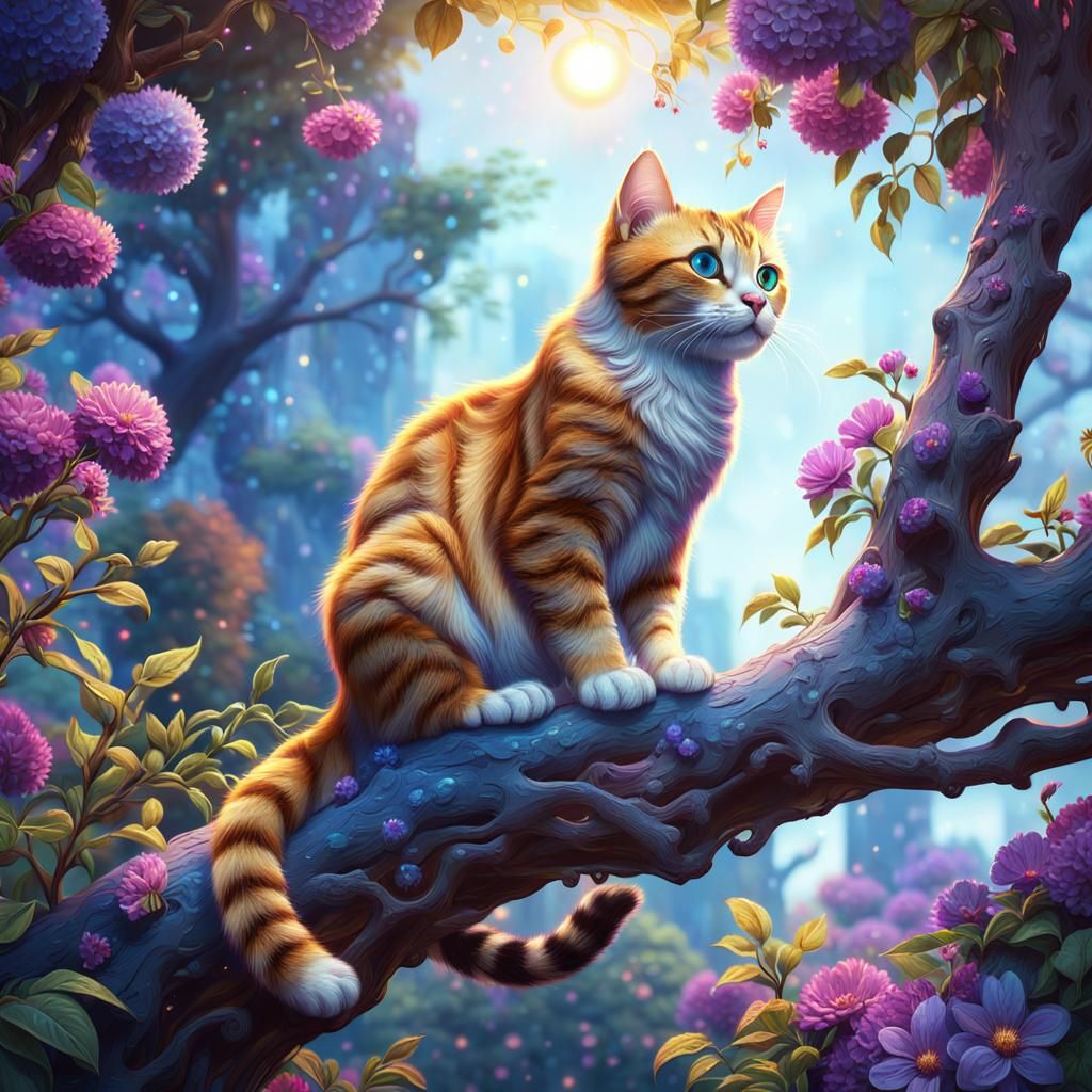 Cat in Floral Canopy: Fantasy Concept Art