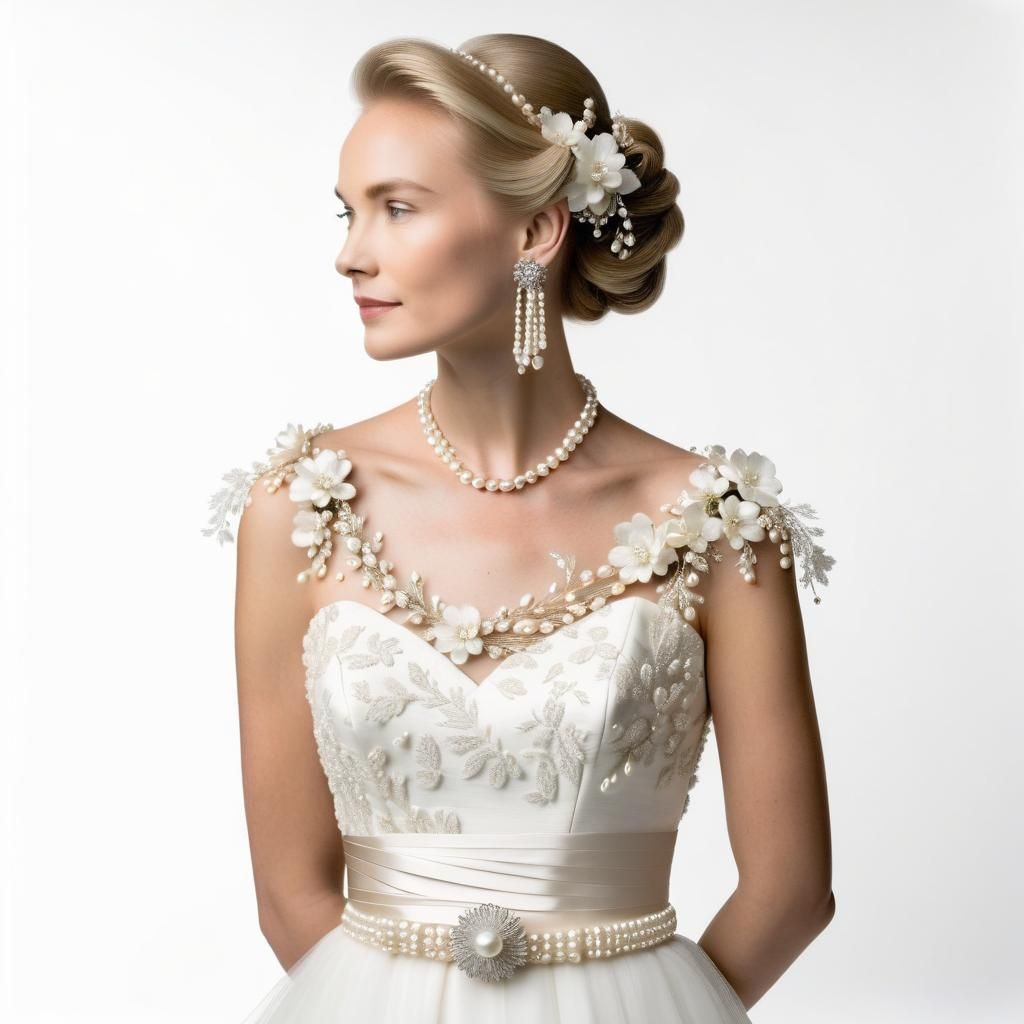 Elegant Woman with Pearls and Floral Embroidery