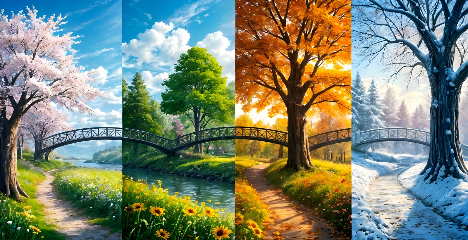 Fantasy Bridge Across Four Seasons as Digital Art
