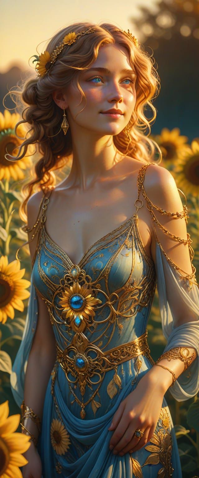 Art Nouveau Goddess in a Sunflower Field