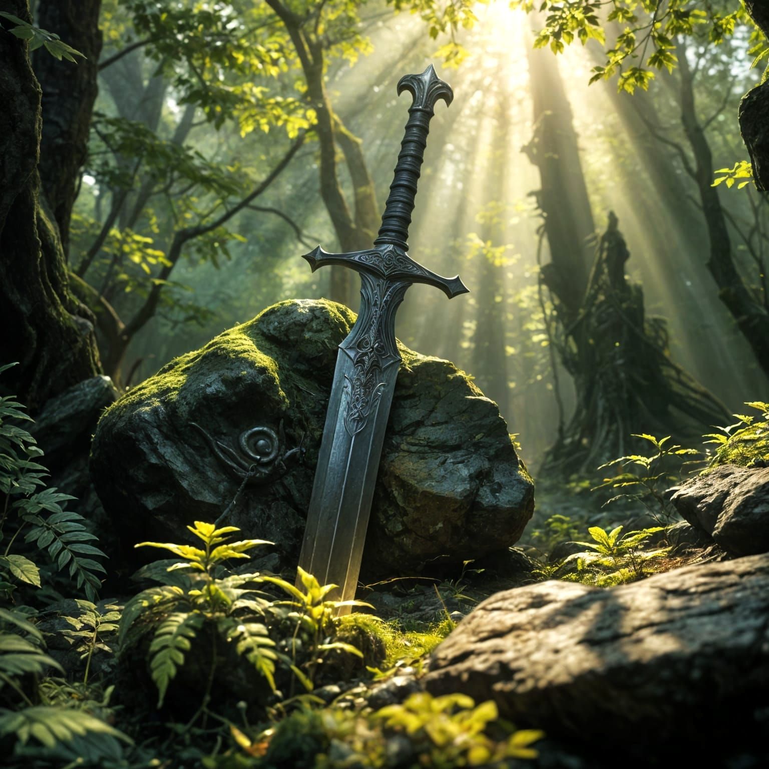 Epic Celtic Sword Stabbed into Majestic Forest Rock