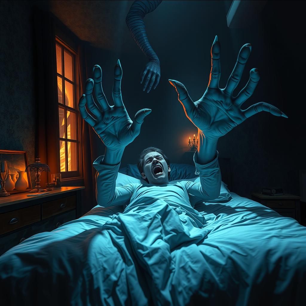 Terrifying Haunted Bedroom Scene with Ghostly Hands