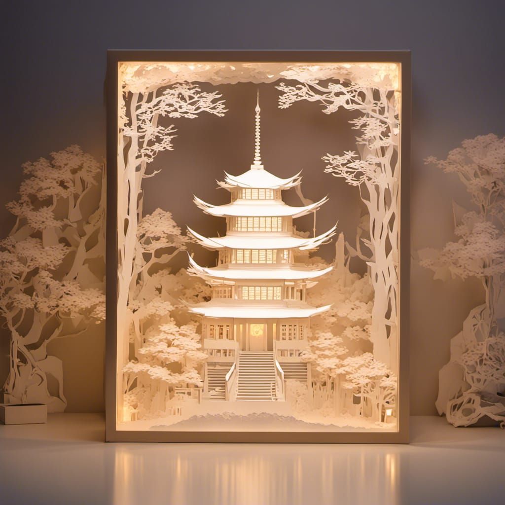 paper carving nightlight lightbox with tall elaborate Japane...