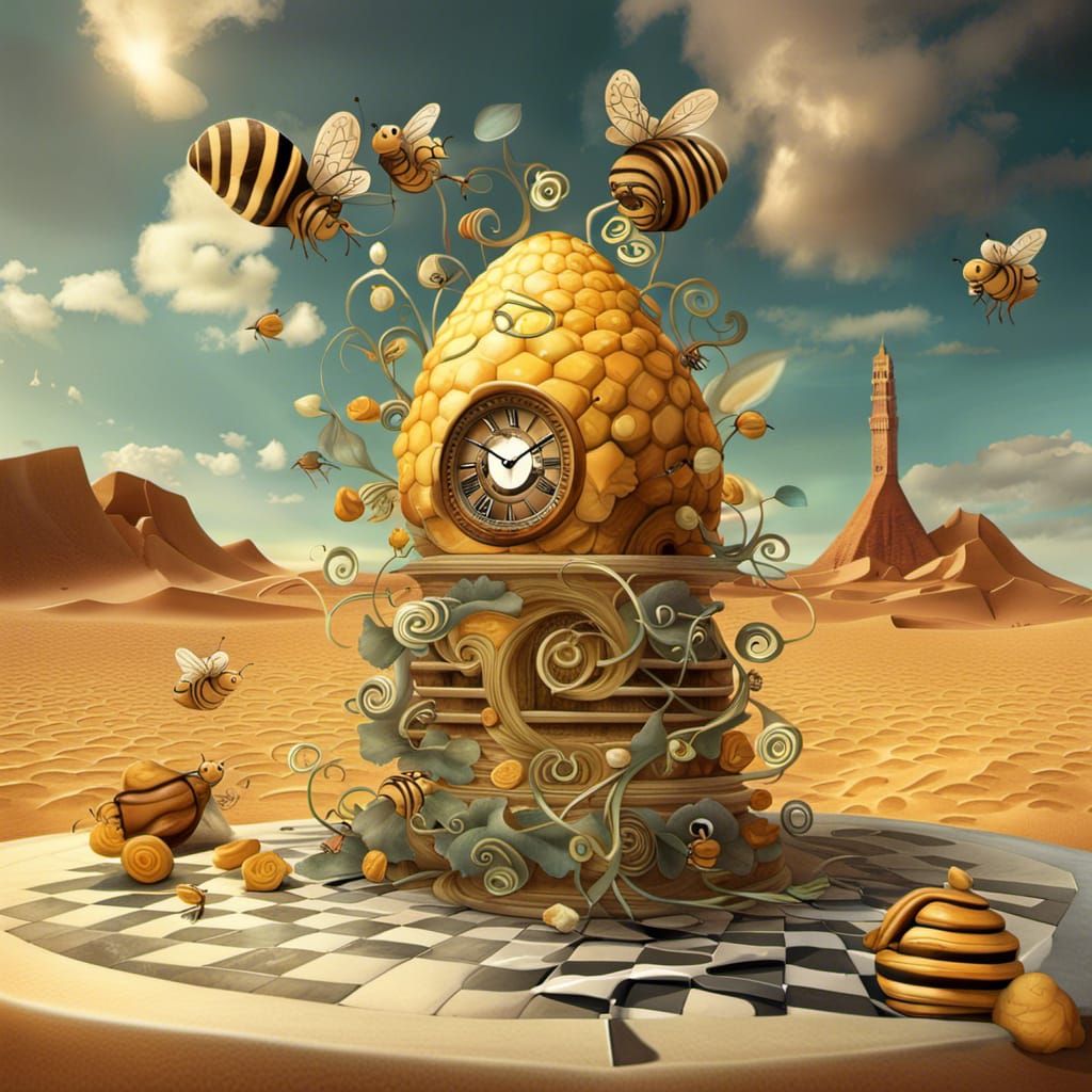 Surreal Beehive Clocktower in Desert Cartoon Collage