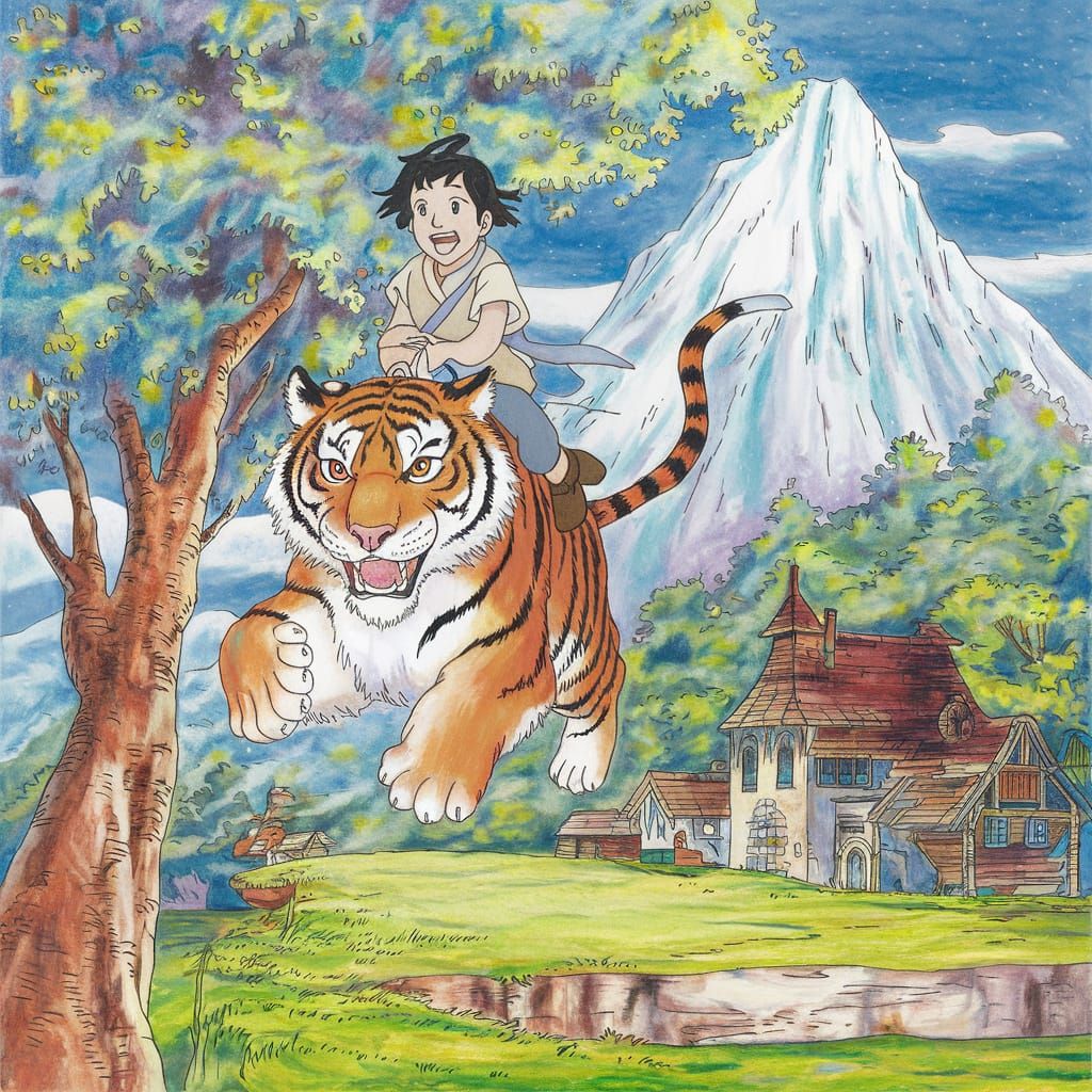 Boy Riding Tiger in Ghibli Color Pencil Style