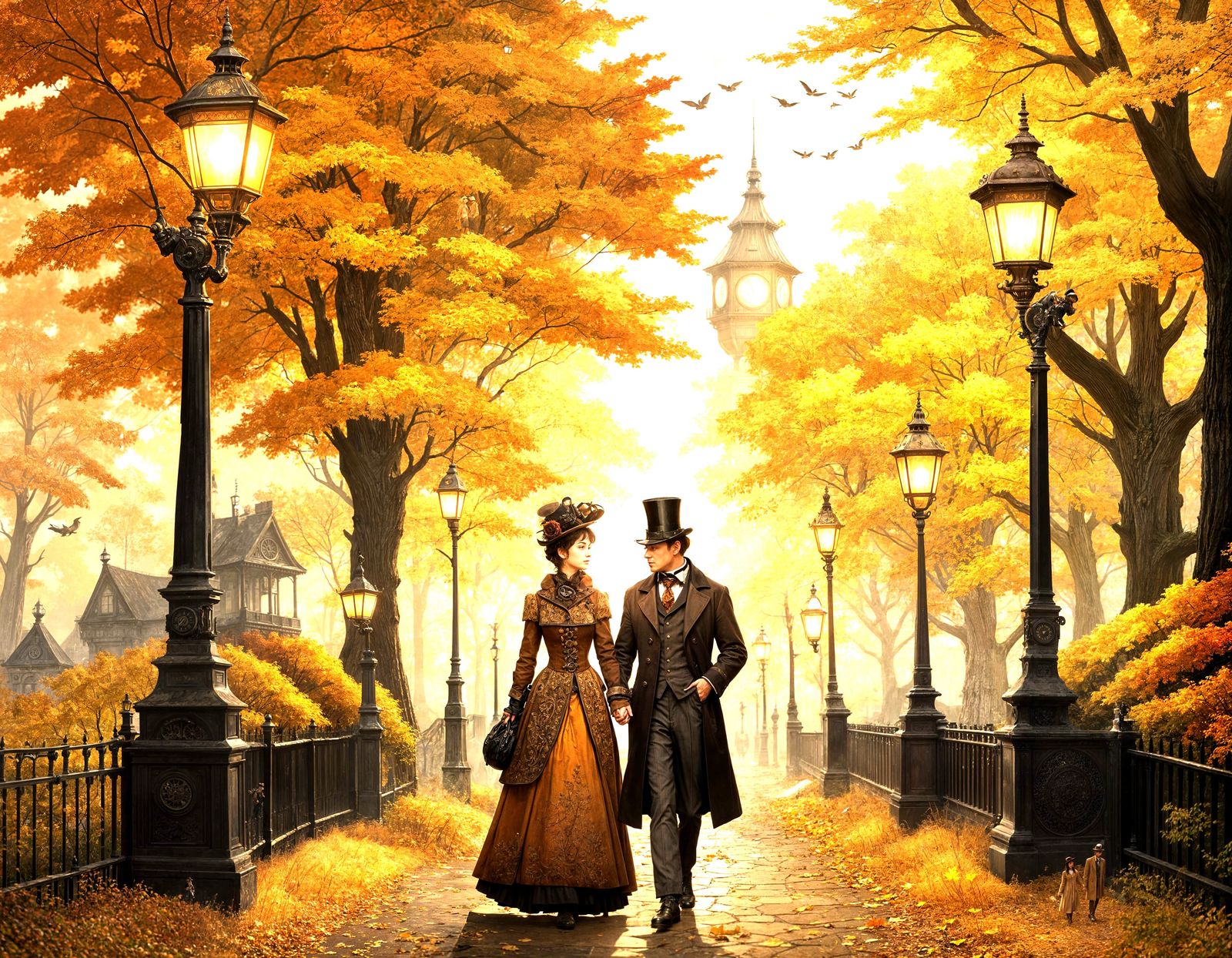 Steampunk Couple Stroll Through Golden Autumn Park
