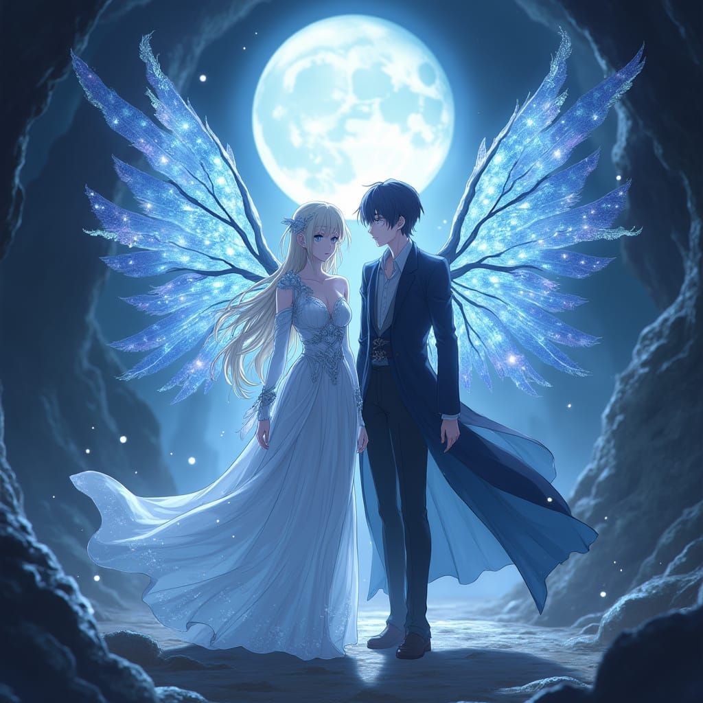 Crystalline Anime Figures in Moonlit Cavern