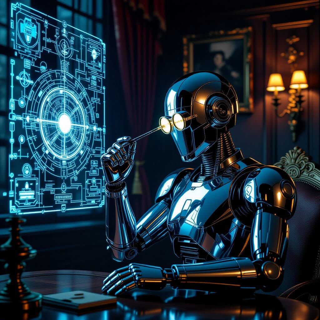 Cyberpunk Robot Butler in Victorian Drawing Room