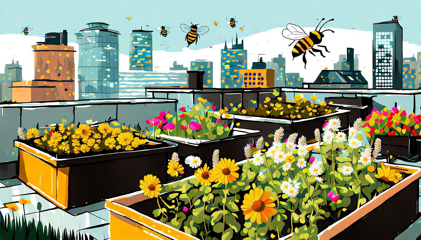 Lush Rooftop Garden with Beehives and Flowers