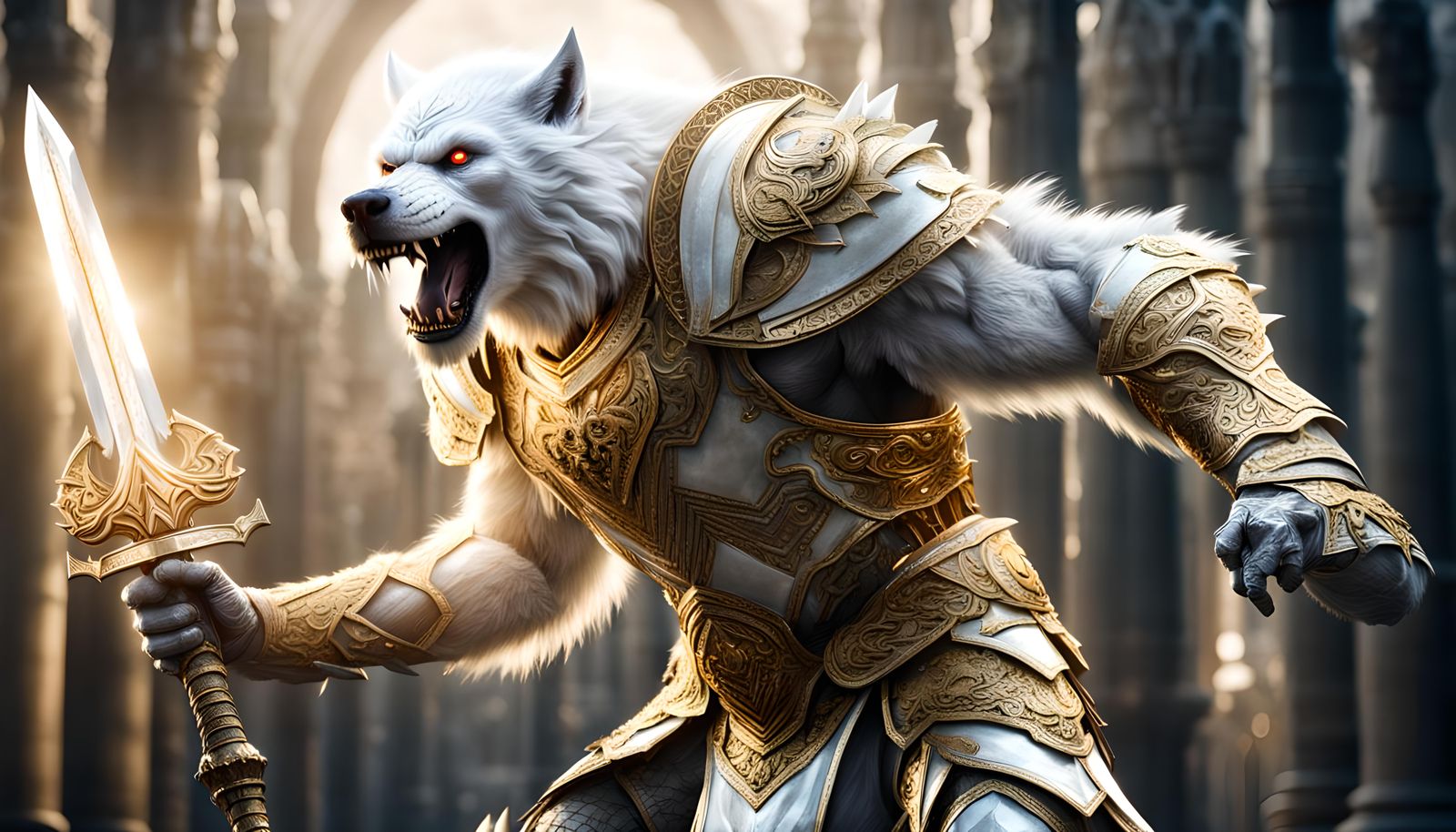 Armored White Werewolf with Sword of Light