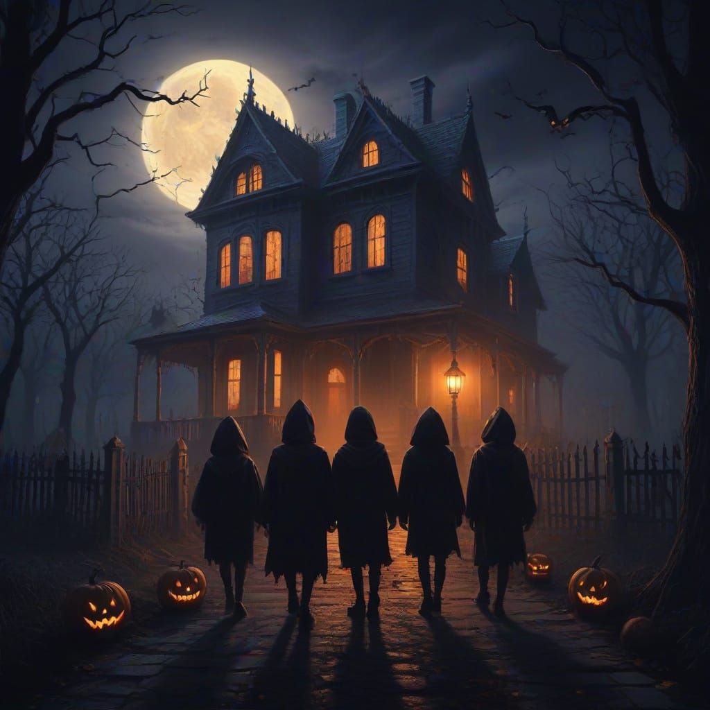 Eerie Halloween Night Illustration of Costumed Children
