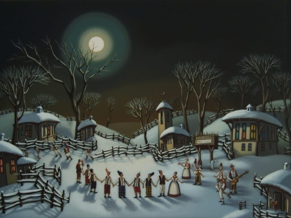 Festive Winter Folk Music Scene in Naive Art Style