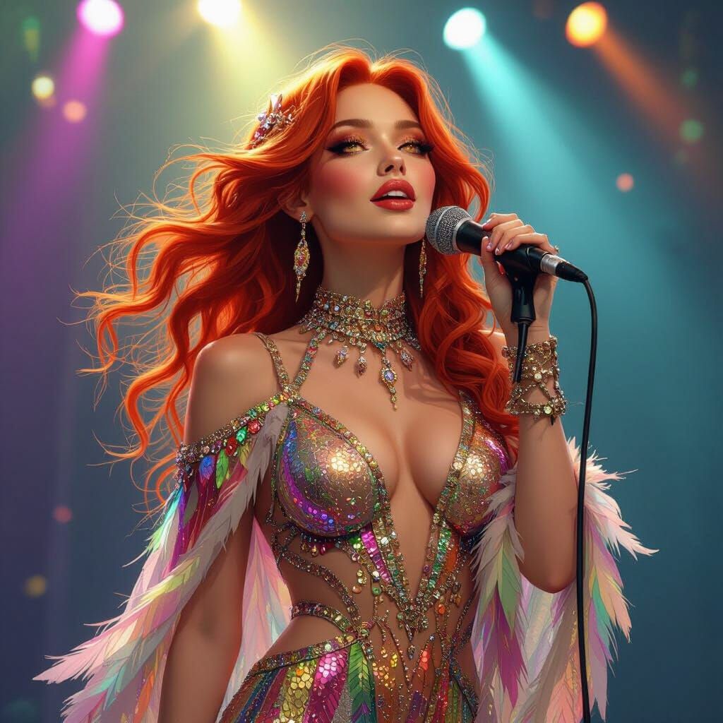 Red Haired Elf Sings on Stage in Feathered Sequined Outfit