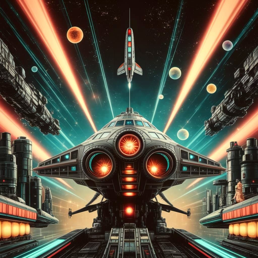 Whimsical Retro Blockbuster Starship bokeh hyperdetailed art deco mixed media