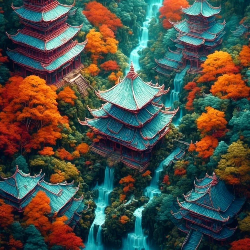 Asian Temple in Rainforest Bird's Eye View