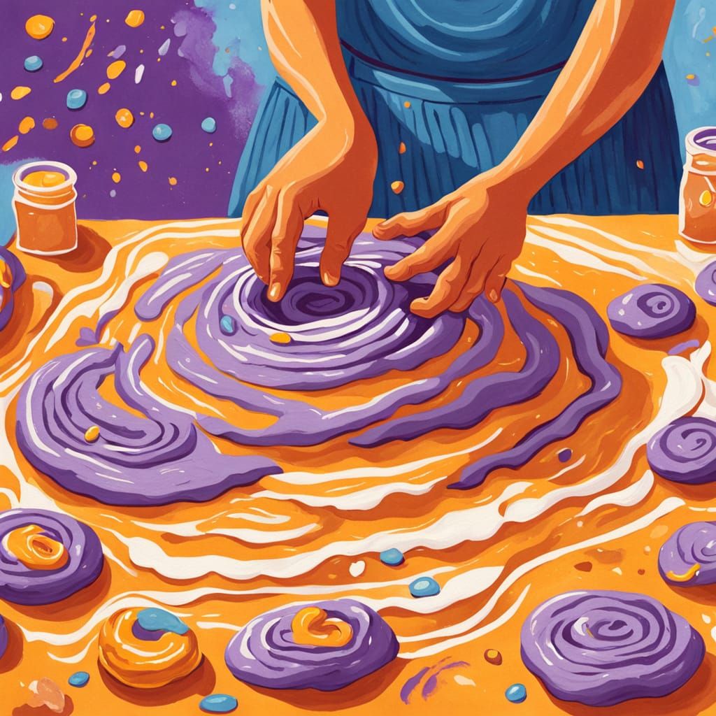 Whimsical Gouache of Hands Punching Swirling Dough