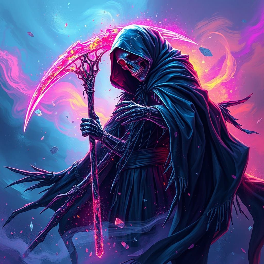 Neon Grim Reaper Dissolving in Iridescent Light