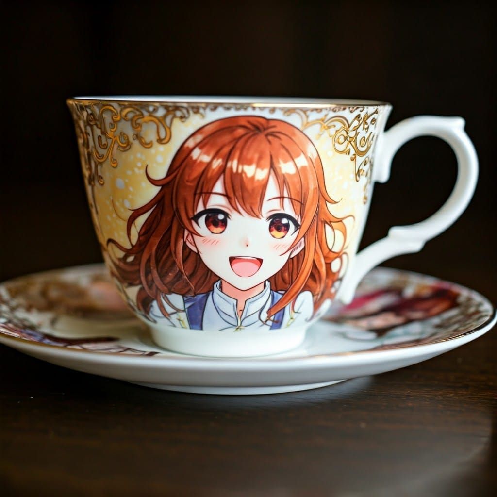 Ornate Teacup with Anime Illustrations in Manga Style