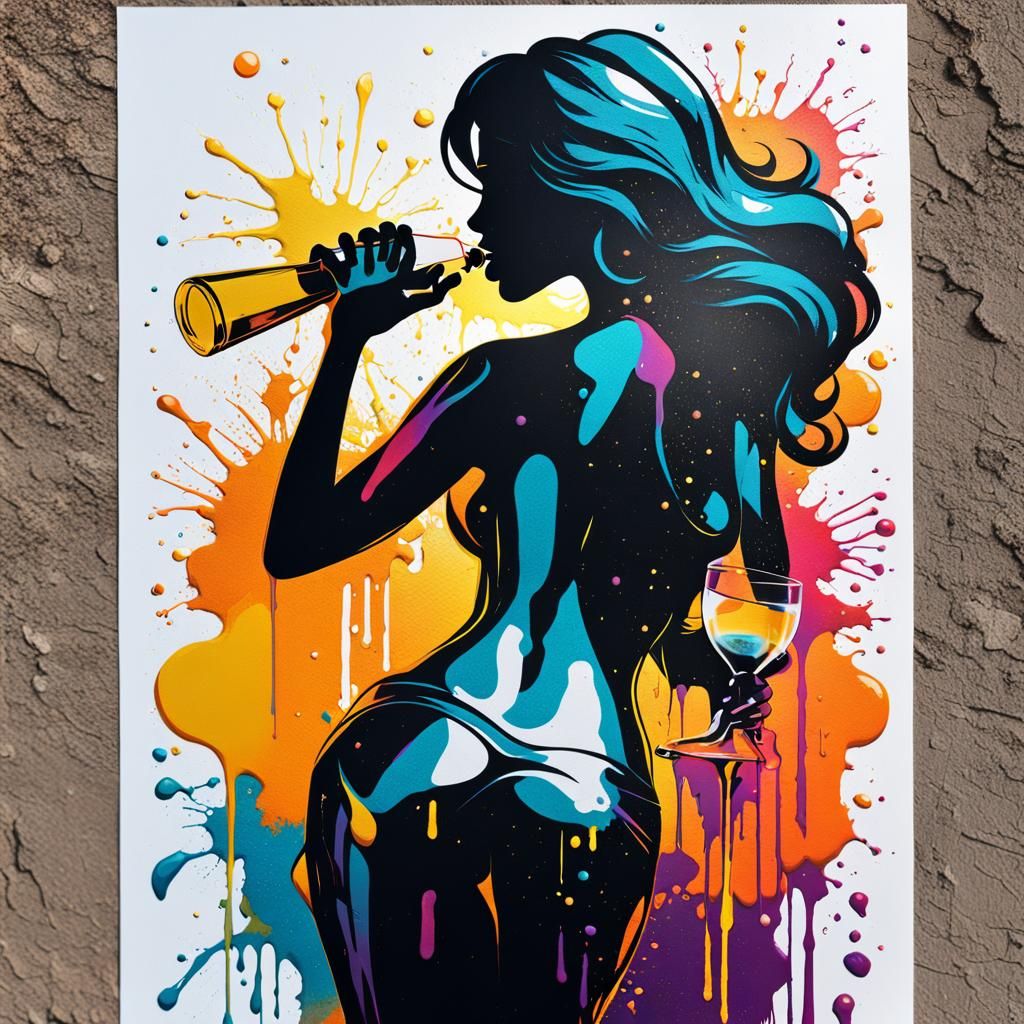 Colorful Graffiti Silhouette: Woman Drinking Champagne