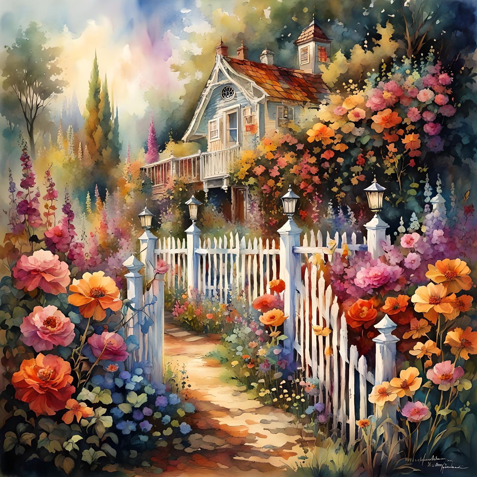 Watercolor Flower Garden with Cottage and Butterflies