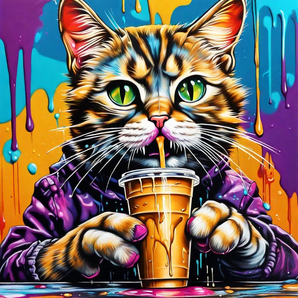 Cat Graffiti Art Sipping Iced Coffee