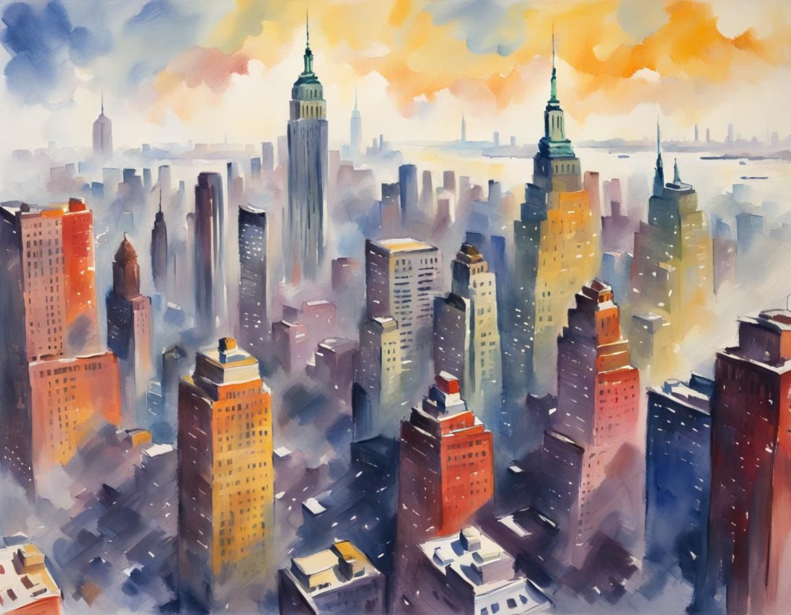 Foggy New York Gouache Watercolor Impressionist Painting