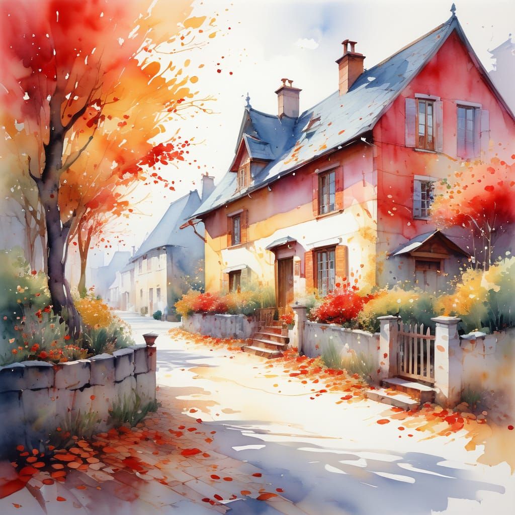 Charming Village with Radiant Trees in Watercolor Style