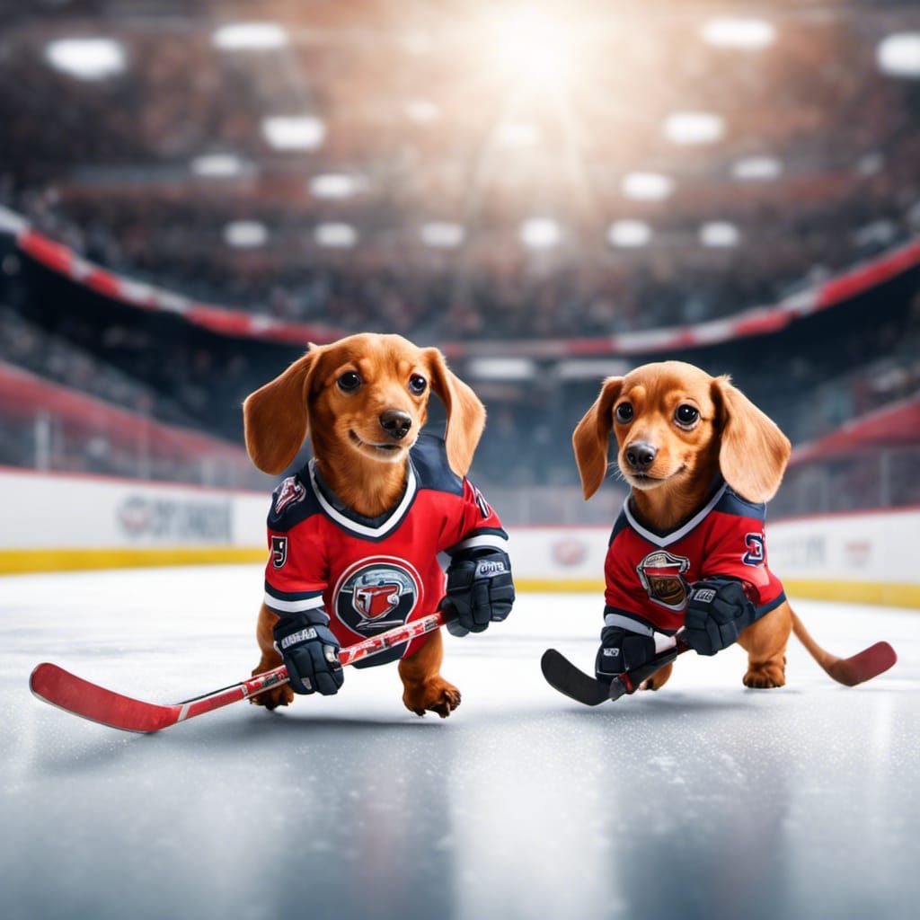 Chibi Dachshunds Play Ice Hockey