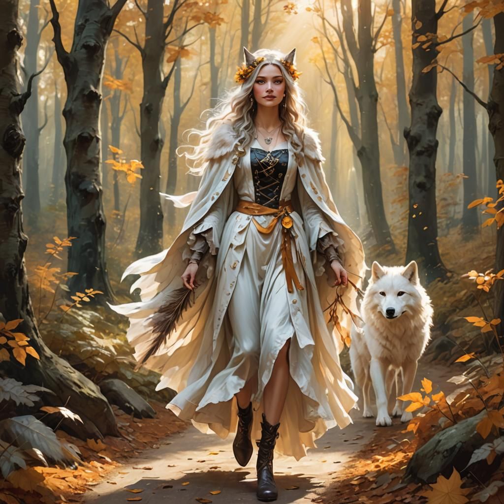 Fantasy Fairy and Wolf in Autumnal Light