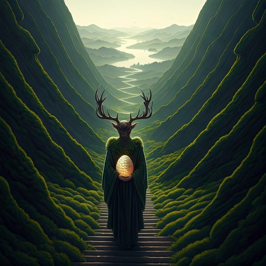 Regal Woman Climbs Mystic Mountain, Dragon Egg in Tow